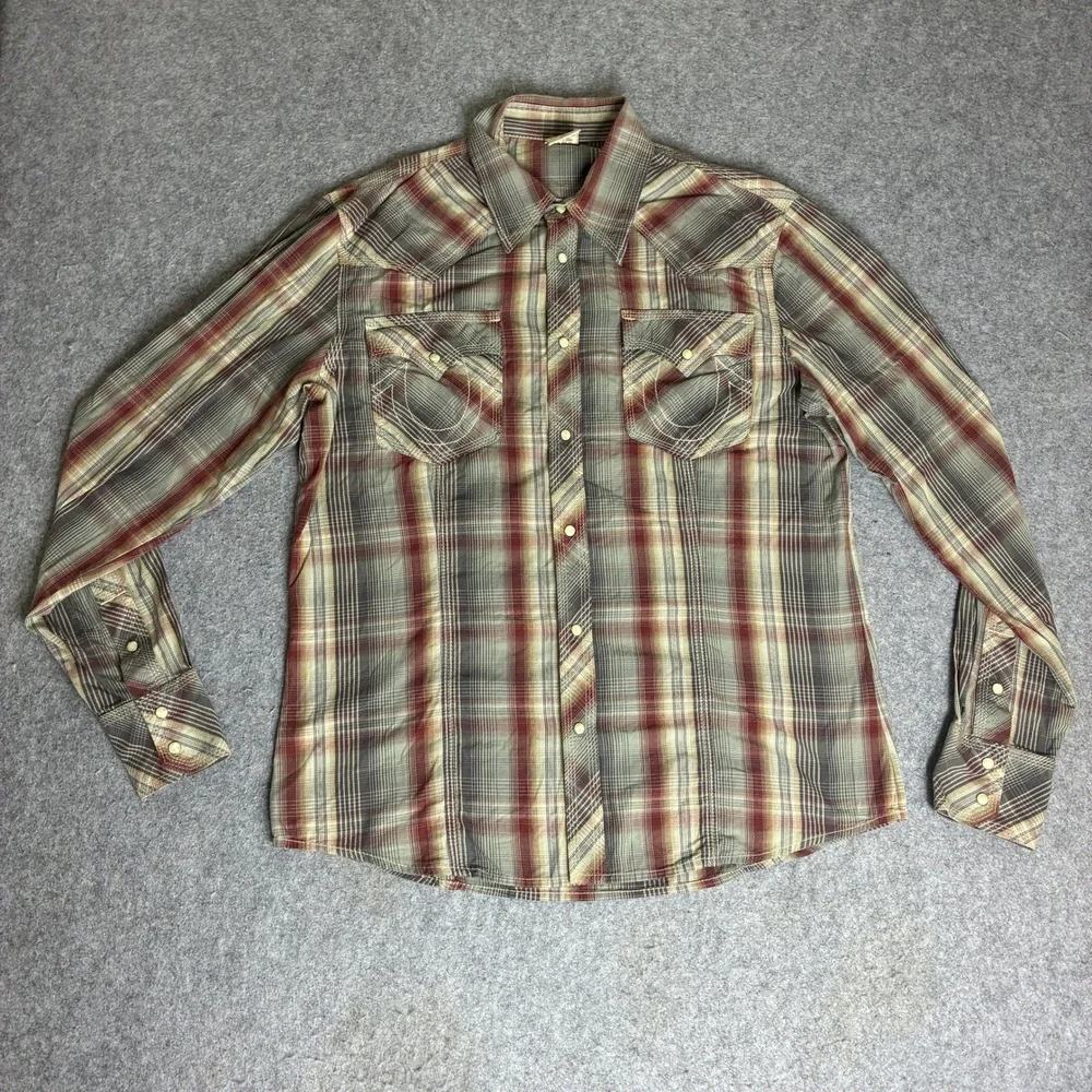 True Religion Mens Plaid Western Pearl Snap Shirt Red Tan Horseshoe Pocket XXL